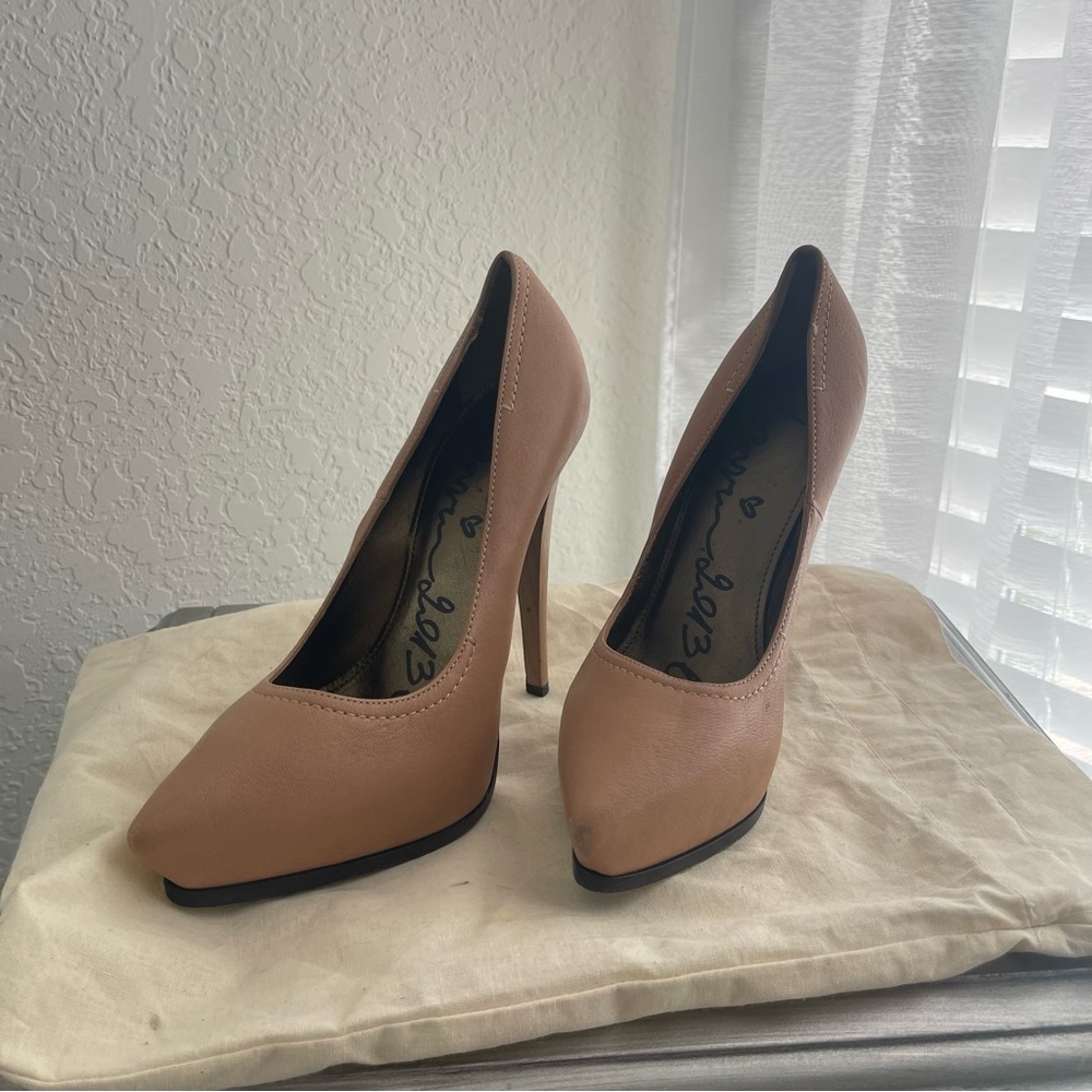 LANVIN WOMENS SOLID WOOD STILETTO LEATHER PUMPS SZ 37.5US 7